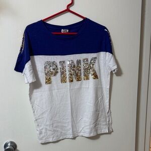 PINK Victoria's Secret Blue & White Sequin Logo Tee